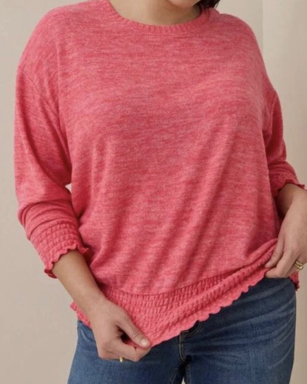 Torrid Super Soft Plush Lightweight Sweater Pink Coral Sz 2X Smocked Hem Casual